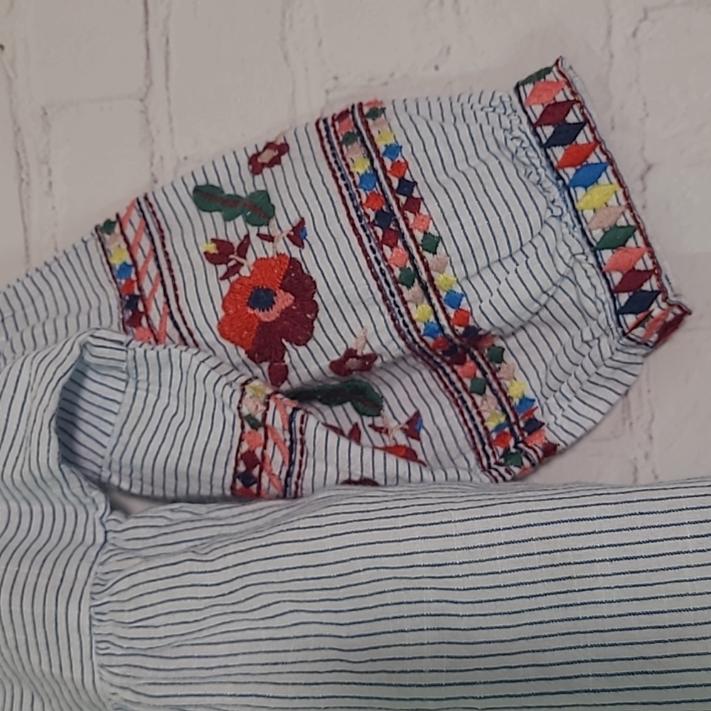 ZARA Kids Embroidered Peasant Blouse Stripes Bell Sleeve Girls Size 7 - Picture 6 of 15